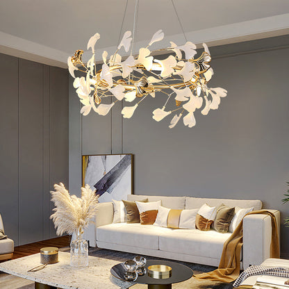 Ceramic Leaf Cluster Pendant Light with Adjustable Cord – Gold Metal Frame Multi-Bulb Chandelier for Dining Room, Living Room & Bedroom