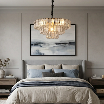 Textured Glass Round Chandelier with Curved Panels in Metallic Finish for Dining Room & Living Room | 24 to 60 Inch