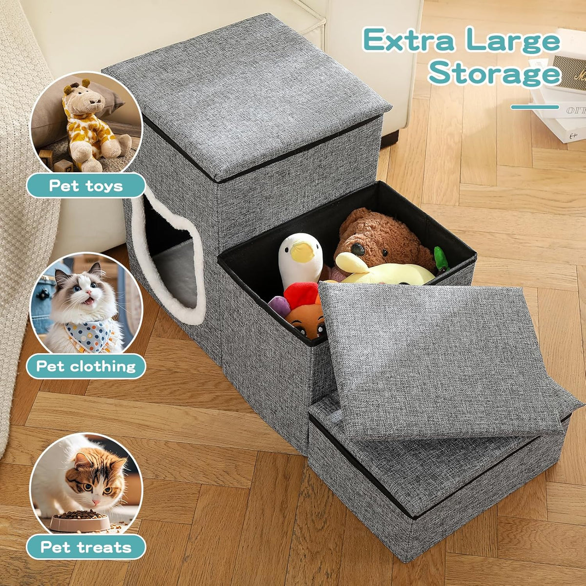 Pet Haven | 3-Step Non-Slip Dog Stairs with Storage | Easy Access for Small Dogs and Cats