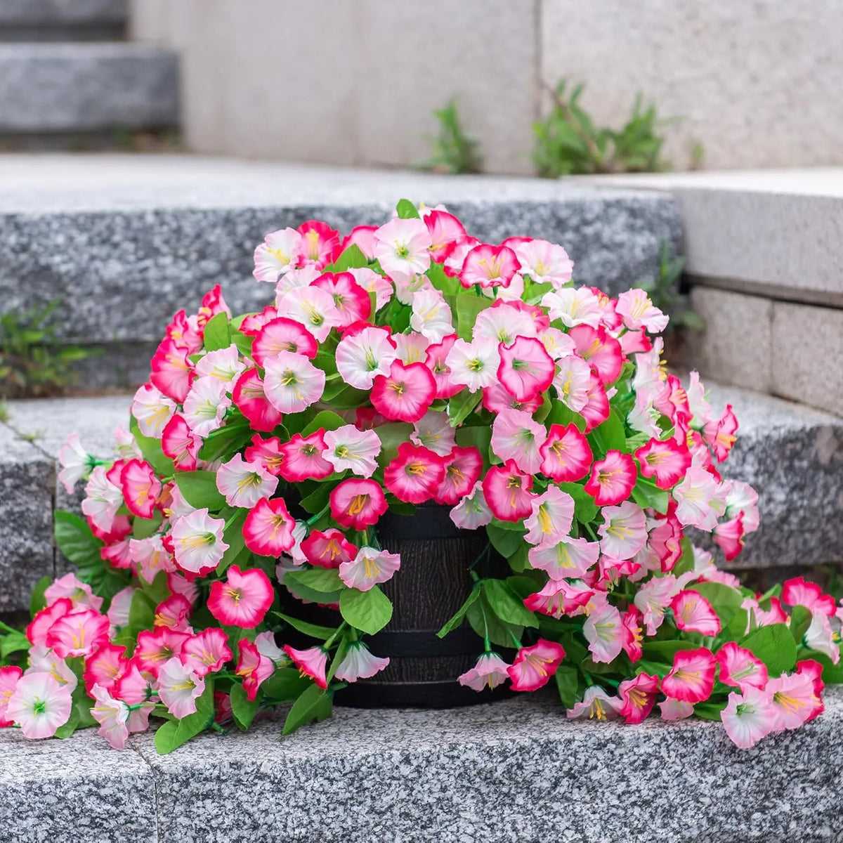 Hanging Basket Flowers Artificial Silk for Outdoor Indoor Decor | Weather-Resistant Faux Blooms in 7 Colors, Year-Round