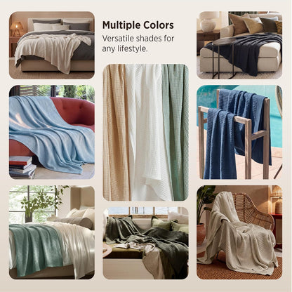 Cotton Throw Blanket for Bed, Waffle Weave Queen Size Blanket for All Seasons, Soft Breathable Cotton Blanket for Couch