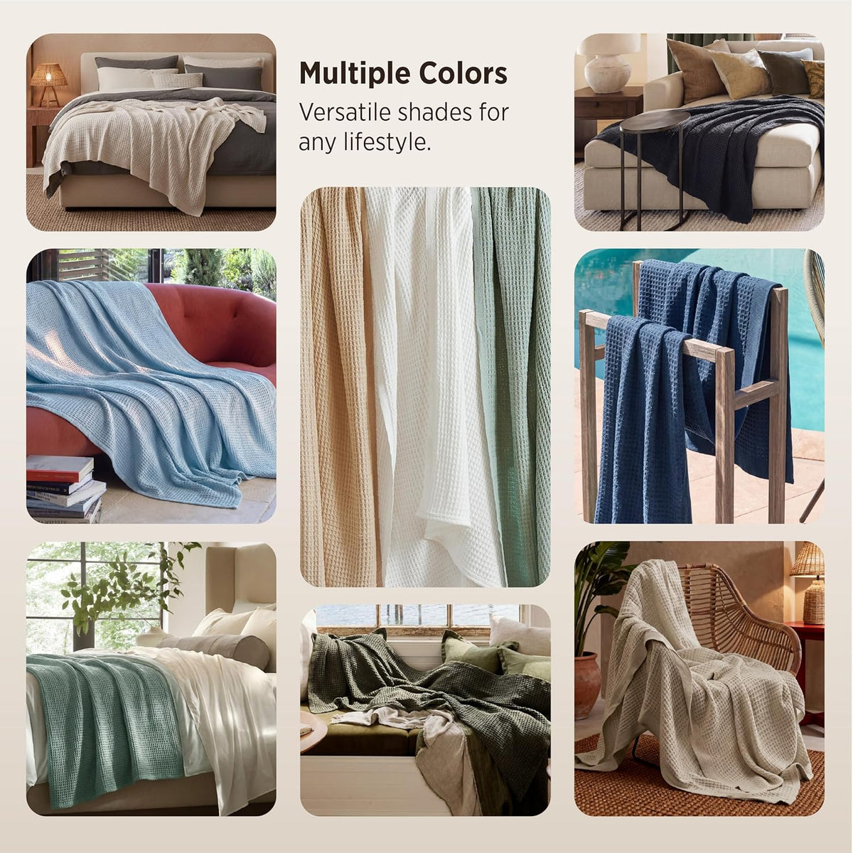 Pure Cotton Thermal Blanket – Queen 90×90 in – Textured Weave Layer for All Seasons – Lightweight & Breathable Throw for Bed or Sofa