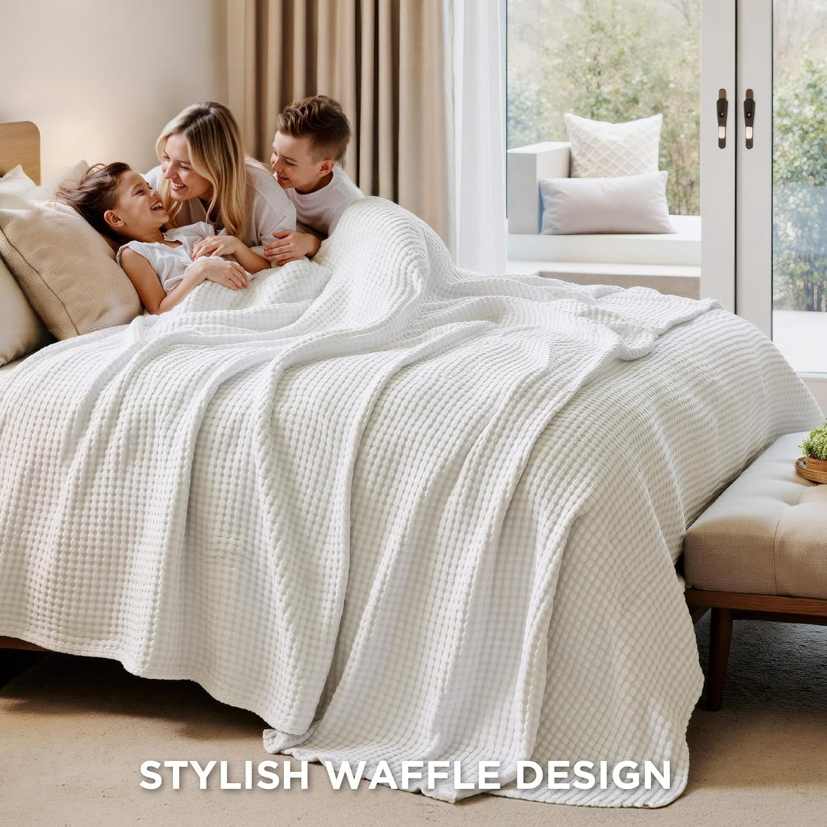 Cozy Haven | Cooling Waffle Queen Blanket with Lightweight Cotton & Bamboo | Soft Summer Throw for Hot Sleepers