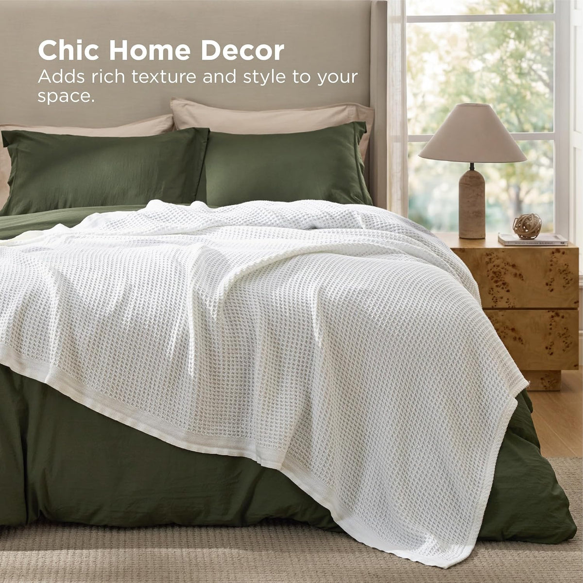 Pure Cotton Thermal Blanket – Queen 90×90 in – Textured Weave Layer for All Seasons – Lightweight & Breathable Throw for Bed or Sofa