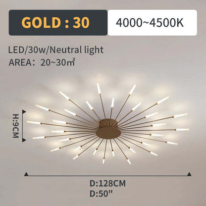 Starburst Flush Mount Ceiling Light Black Gold Modern Firework LED Fixture Bedroom Living Room Natural White Hardwired Indoor
