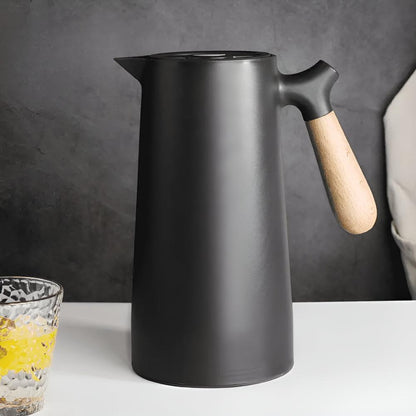 Insulated Beverage Carafe 34 oz Stainless Steel with Natural Wood Grip for Coffee Tea Water Hot Cold Drinks Kitchen Office Dining Room Deskt