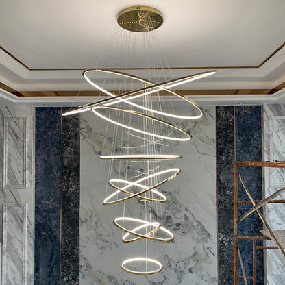 Multi-Tier Cascading LED Ring Fixture for Grand Entryways and Tall Staircases – Height-Adjustable Modern Statement Lighting with Remote Dimm