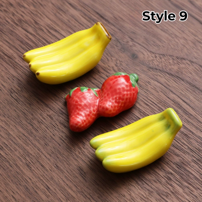 Porcelain Utensil Holders with Animal and Fruit Designs for Asian Dining – Set of 3 Decorative Tabletop Rests