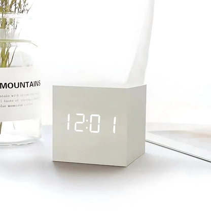 Wooden LED Cube Alarm Clock with Temperature Display and USB Power for Bedroom Nightstand Desk Office