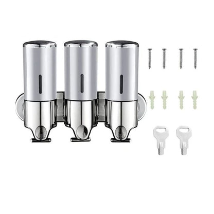 Wall Mount Soap Dispenser with Push Pump - Stainless Steel Liquid Holder for Shampoo, Lotion & Hand Wash in Bathroom, Kitchen, Shower