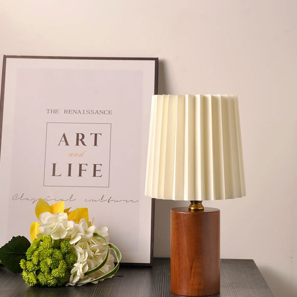 Pleated Fabric Accent Lamp with Cylindrical Wooden Base – Bedside Reading Light for Bedroom & Living Room