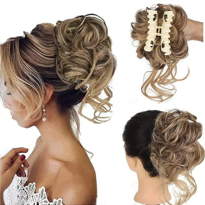 Clip-In Messy Bun Hair Extension with Curly Texture for Women, Synthetic Updo Hairpiece for Everyday & Special Events