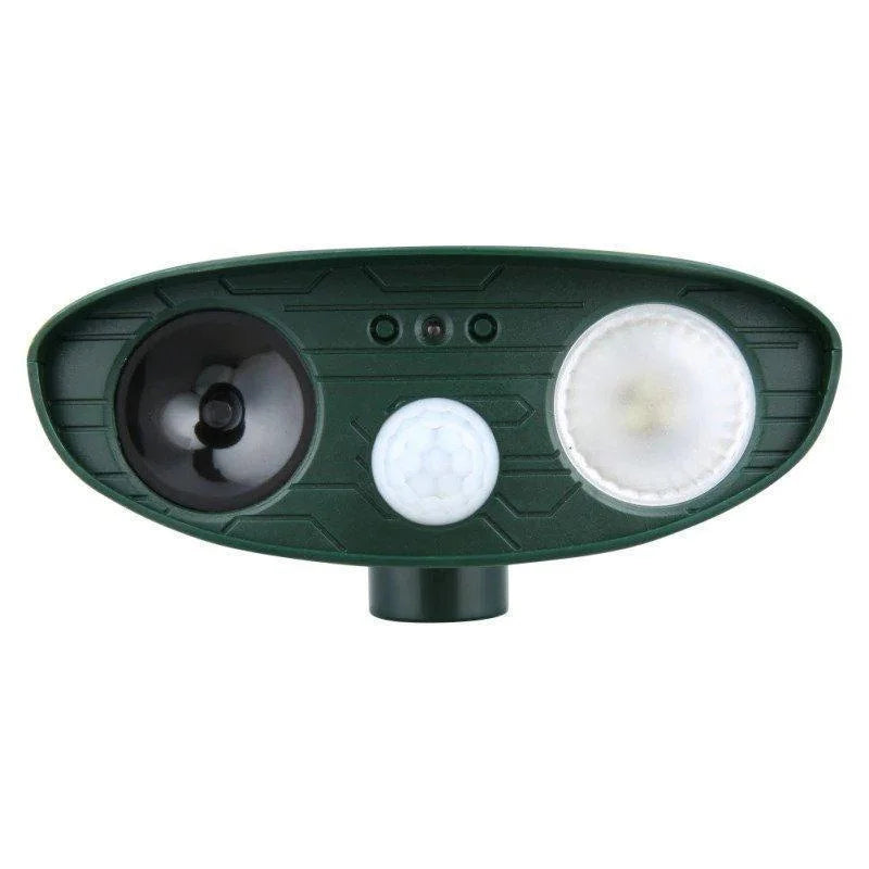 Solar Wildlife Deterrent Device Ultrasonic Outdoor Yard Defender 30 ft Range Motion-Activated Strobe Light Weatherproof for Gardens Lawns Fl