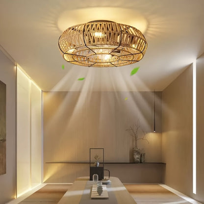 Handwoven Rattan Ceiling Fan with Integrated Light – Zen Style for Living Room, Bedroom & Dining Room