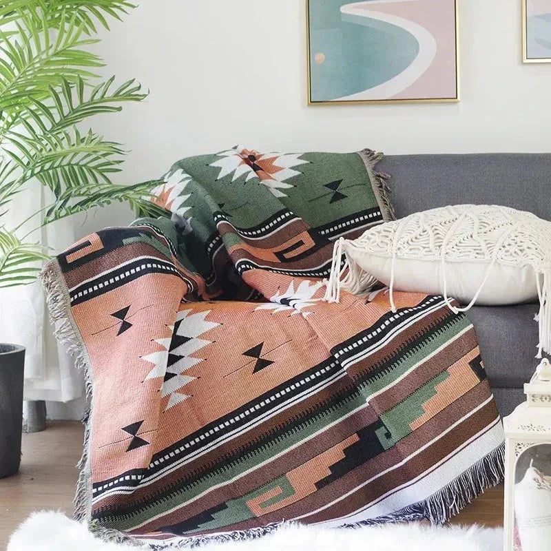 Jacquard Woven Accent Blanket with Fringe for Couch Bed Chair 51x63 in 63x87 in Multicolor Cotton Poly Blend Bohemian Home Decor