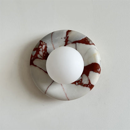 Round Glass Wall Sconce with Curved Marble Backplate for Living Room, Bedroom & Hallway – Hardwired Modern Indoor Light Fixture