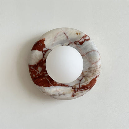 Round Glass Wall Sconce with Curved Marble Backplate for Living Room, Bedroom & Hallway – Hardwired Modern Indoor Light Fixture