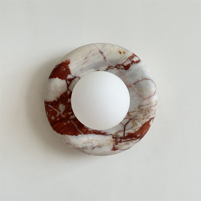 Round Glass Wall Sconce with Curved Marble Backplate for Living Room, Bedroom & Hallway – Hardwired Modern Indoor Light Fixture