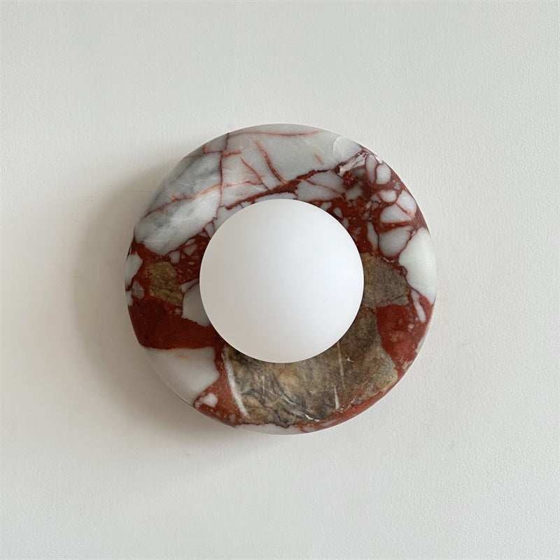 Round Glass Wall Sconce with Curved Marble Backplate for Living Room, Bedroom & Hallway – Hardwired Modern Indoor Light Fixture