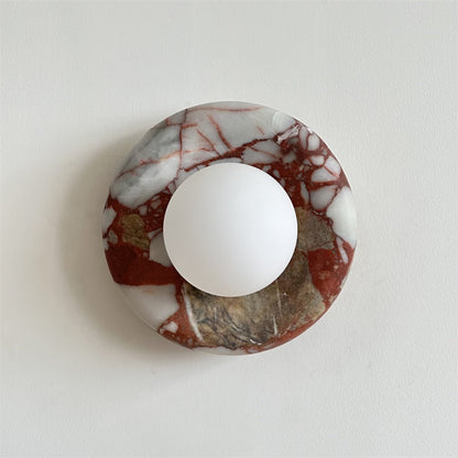 Round Glass Wall Sconce with Curved Marble Backplate for Living Room, Bedroom & Hallway – Hardwired Modern Indoor Light Fixture