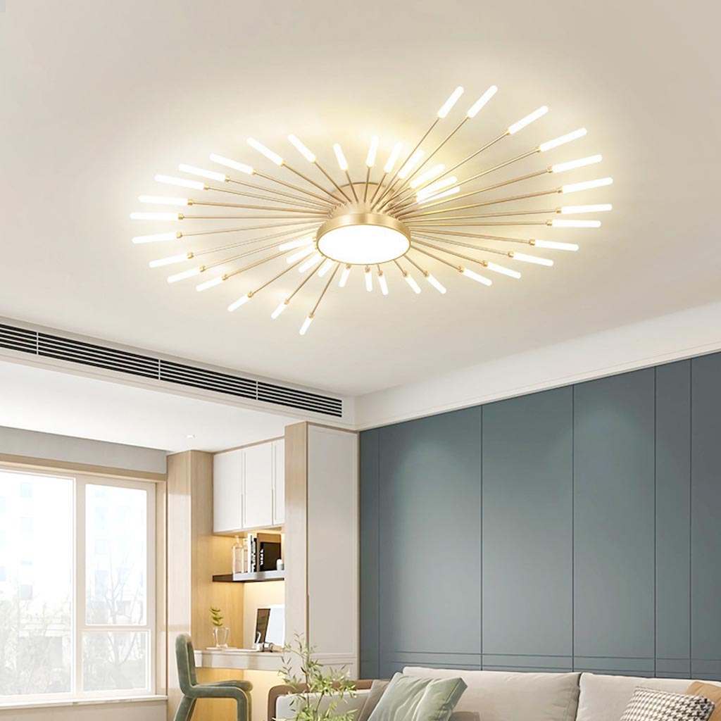 Semi-Flush Mount LED Light Fixture Aluminum 32 in Radial Design Black Gold for Living Room Bedroom Dining Room Contemporary Home Decor