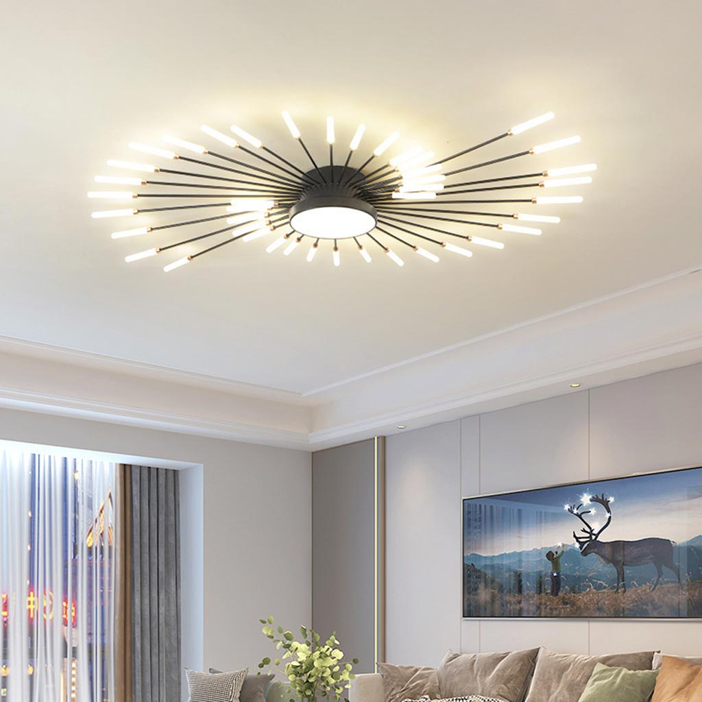 Semi-Flush Mount LED Light Fixture Aluminum 32 in Radial Design Black Gold for Living Room Bedroom Dining Room Contemporary Home Decor