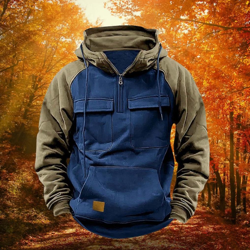 Quarter Zip Pullover Hoodie Men's Lightweight Cotton Blend Kangaroo Pocket Adjustable Hood Casual Outdoor Layering Piece