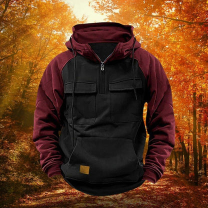 Quarter Zip Pullover Hoodie Men's Lightweight Cotton Blend Kangaroo Pocket Adjustable Hood Casual Outdoor Layering Piece