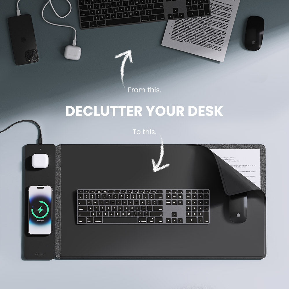 Wireless Charging Desk Pad with Dual Qi Charger & Reversible Surface – Vegan Leather & Felt Mat for Home Office