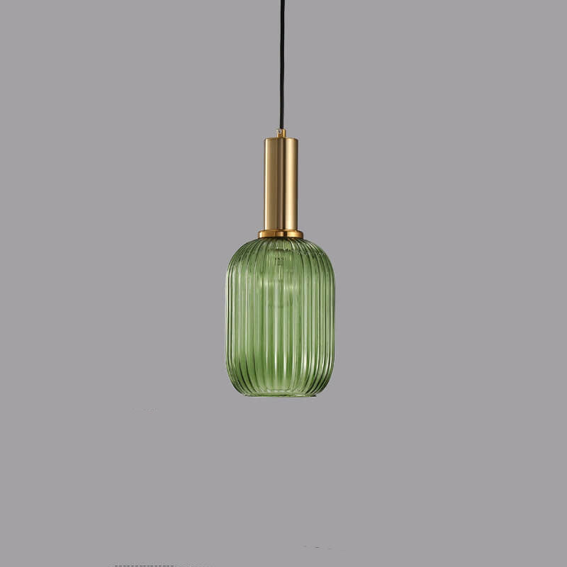 Ribbed Glass Cylinder Hanging Fixture Single-Bulb Suspension Lamp for Kitchen Island Dining Room Entryway