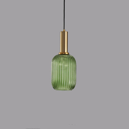 Ribbed Glass Cylinder Hanging Fixture Single-Bulb Suspension Lamp for Kitchen Island Dining Room Entryway