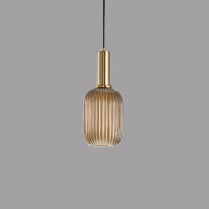 Ribbed Glass Cylinder Hanging Fixture Single-Bulb Suspension Lamp for Kitchen Island Dining Room Entryway