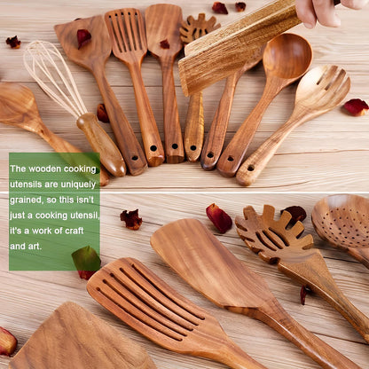 Wooden Cooking Utensil Set 11-Piece with Organizer Holder Teak Spatula Spoon Ladle Kitchen Tools for Nonstick Cookware Countertop Storage