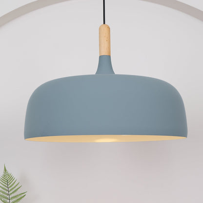 Hanging Ceiling Light Fixture with Wood Trim & Metal Shade for Kitchen Island, Dining Table, Breakfast Bar — Dimmable Compatible, Adjustable