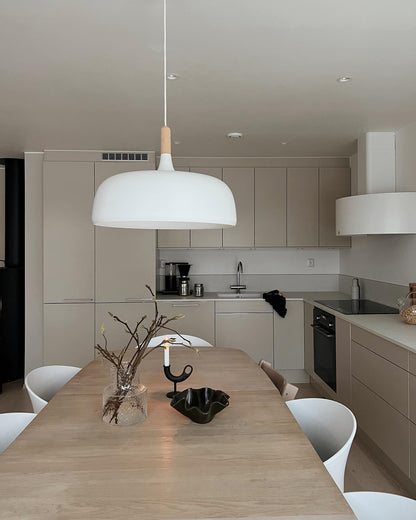 Hanging Ceiling Light Fixture with Wood Trim & Metal Shade for Kitchen Island, Dining Table, Breakfast Bar — Dimmable Compatible, Adjustable