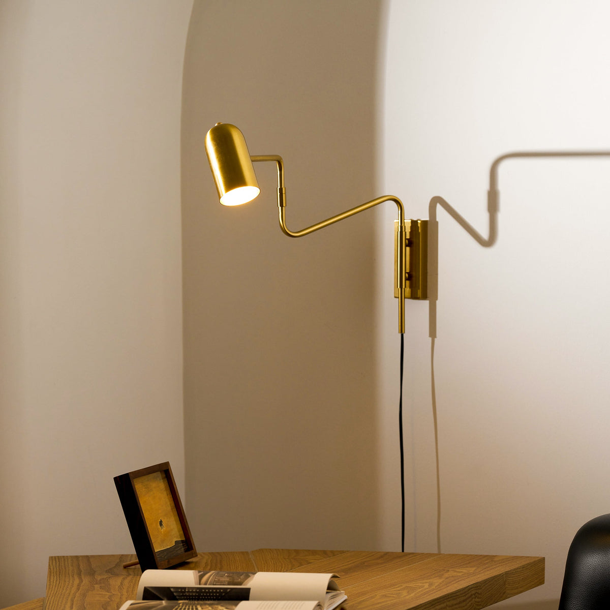 Swing-Arm Reading Sconce with Rotating Shade Metal Plug-In Fixture Black & Gold Finish for Bedroom Living Room Study Nook Task Lighting