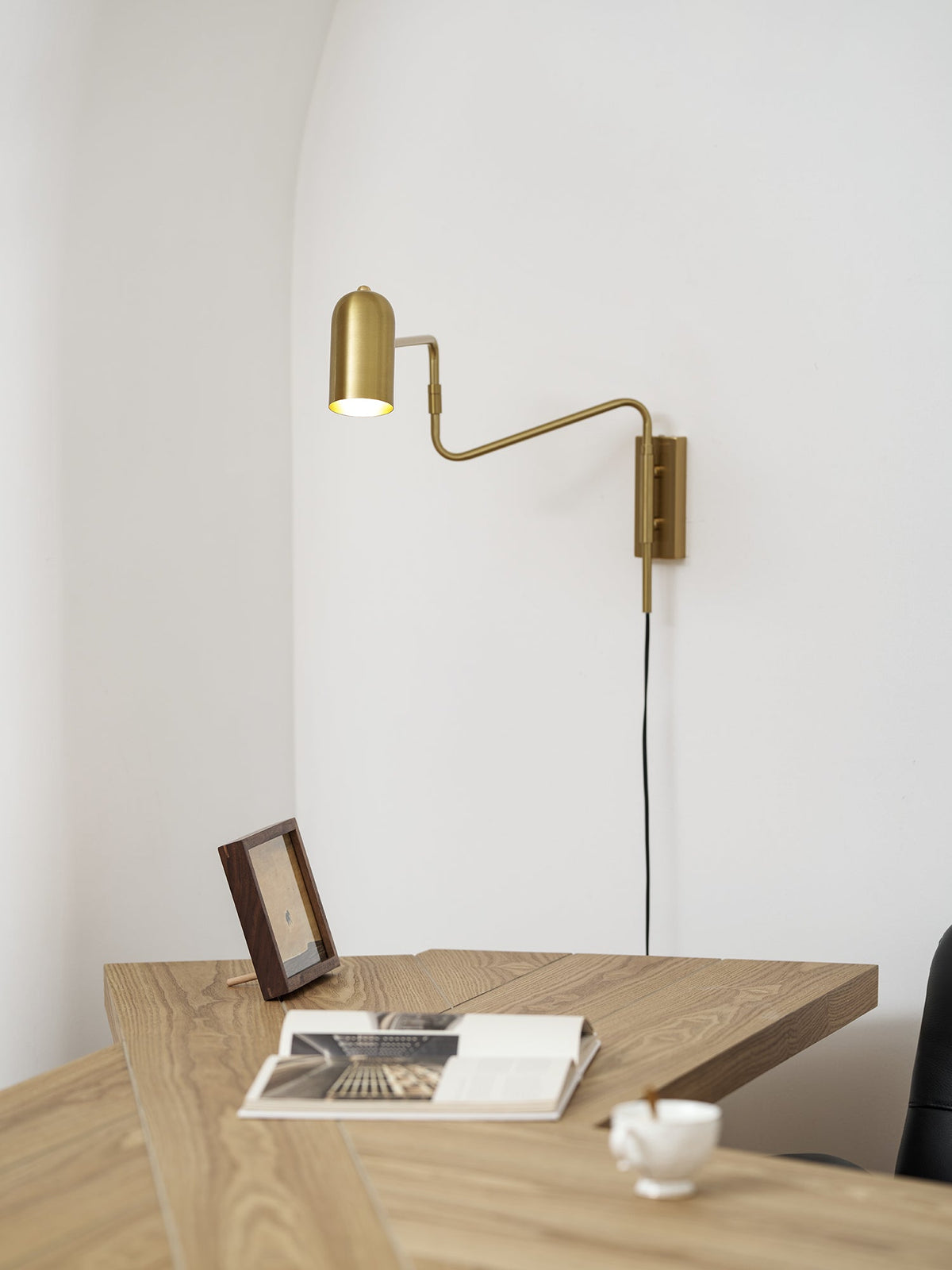 Swing-Arm Reading Sconce with Rotating Shade Metal Plug-In Fixture Black & Gold Finish for Bedroom Living Room Study Nook Task Lighting
