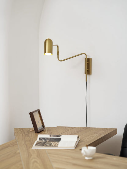 Swing-Arm Reading Sconce with Rotating Shade Metal Plug-In Fixture Black & Gold Finish for Bedroom Living Room Study Nook Task Lighting