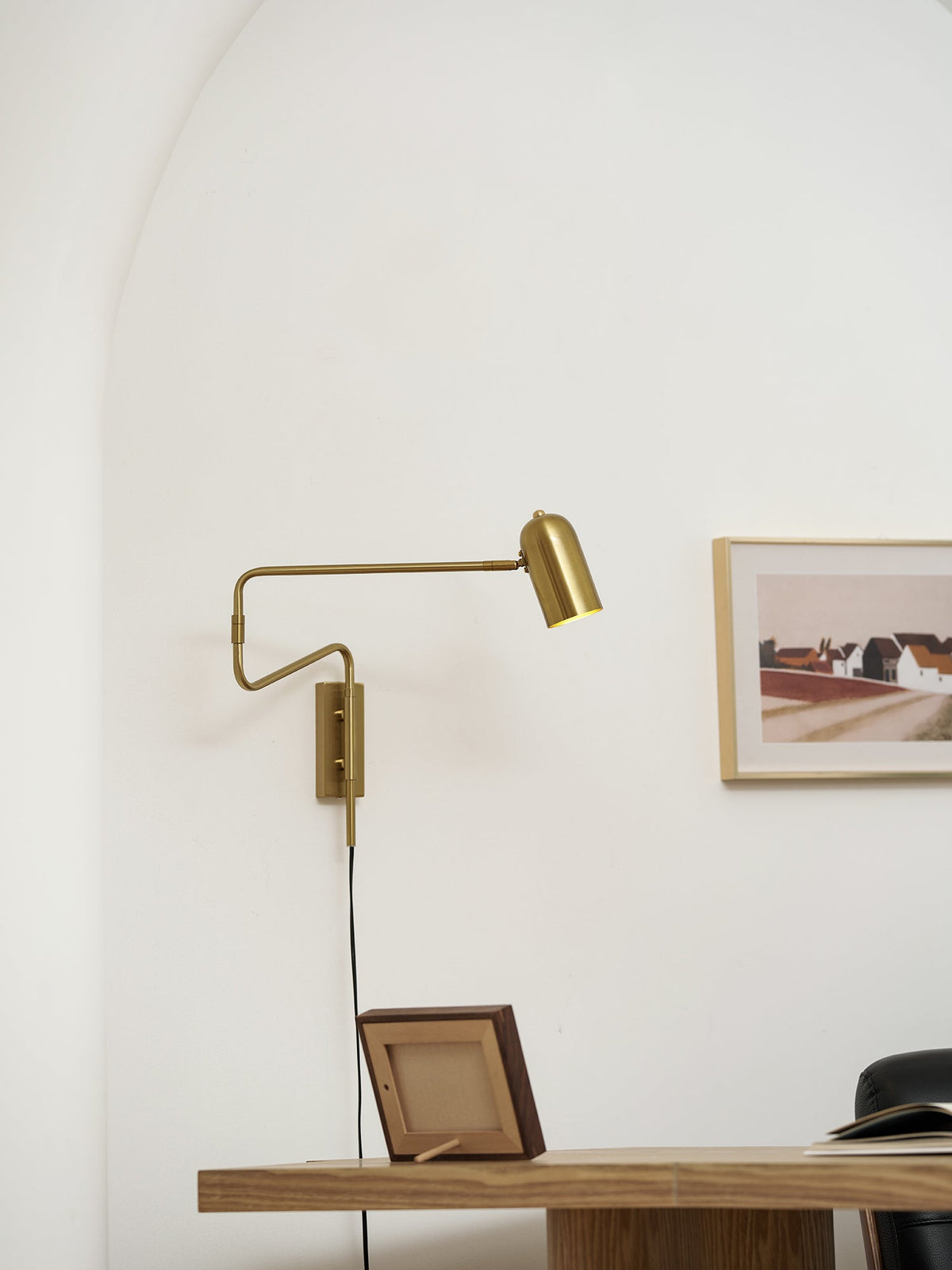 Swing-Arm Reading Sconce with Rotating Shade Metal Plug-In Fixture Black & Gold Finish for Bedroom Living Room Study Nook Task Lighting