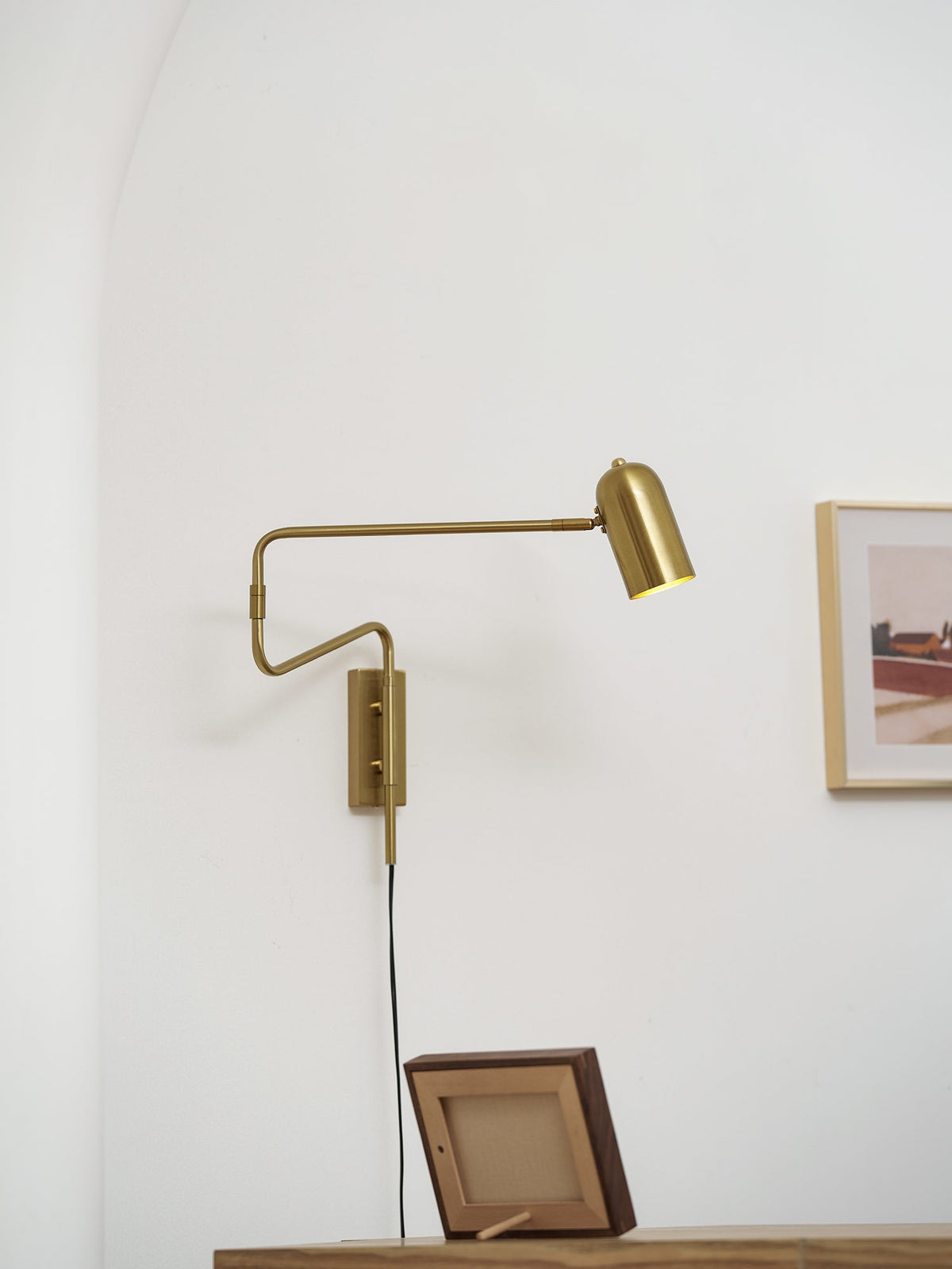 Swing-Arm Reading Sconce with Rotating Shade Metal Plug-In Fixture Black & Gold Finish for Bedroom Living Room Study Nook Task Lighting