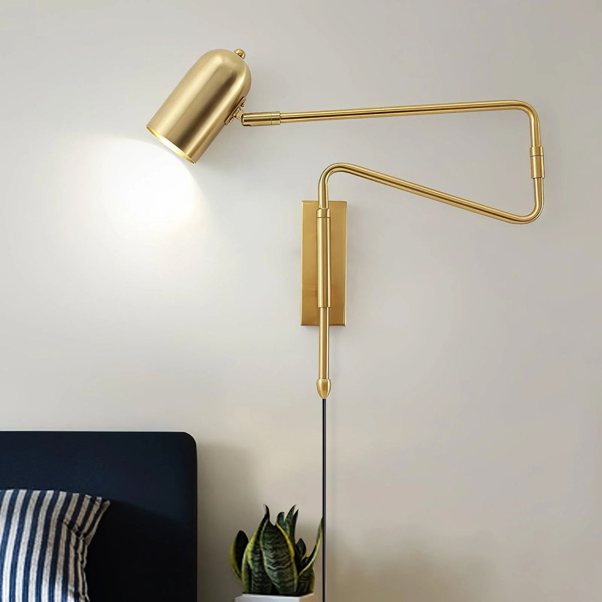 Swing-Arm Reading Sconce with Rotating Shade Metal Plug-In Fixture Black & Gold Finish for Bedroom Living Room Study Nook Task Lighting