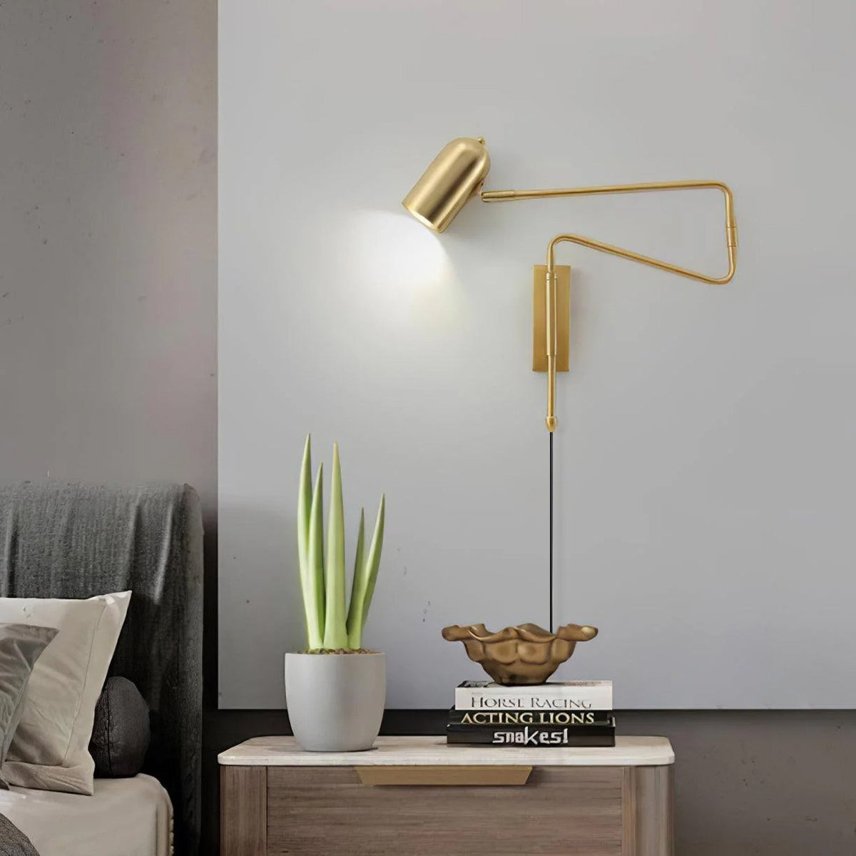 Swing-Arm Reading Sconce with Rotating Shade Metal Plug-In Fixture Black & Gold Finish for Bedroom Living Room Study Nook Task Lighting