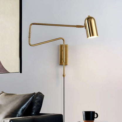 Swing-Arm Reading Sconce with Rotating Shade Metal Plug-In Fixture Black & Gold Finish for Bedroom Living Room Study Nook Task Lighting