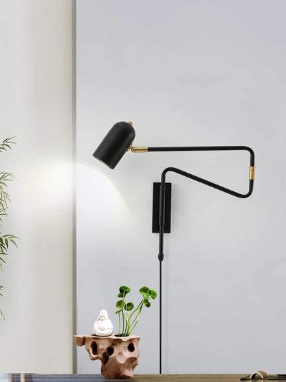 Swing-Arm Reading Sconce with Rotating Shade Metal Plug-In Fixture Black & Gold Finish for Bedroom Living Room Study Nook Task Lighting