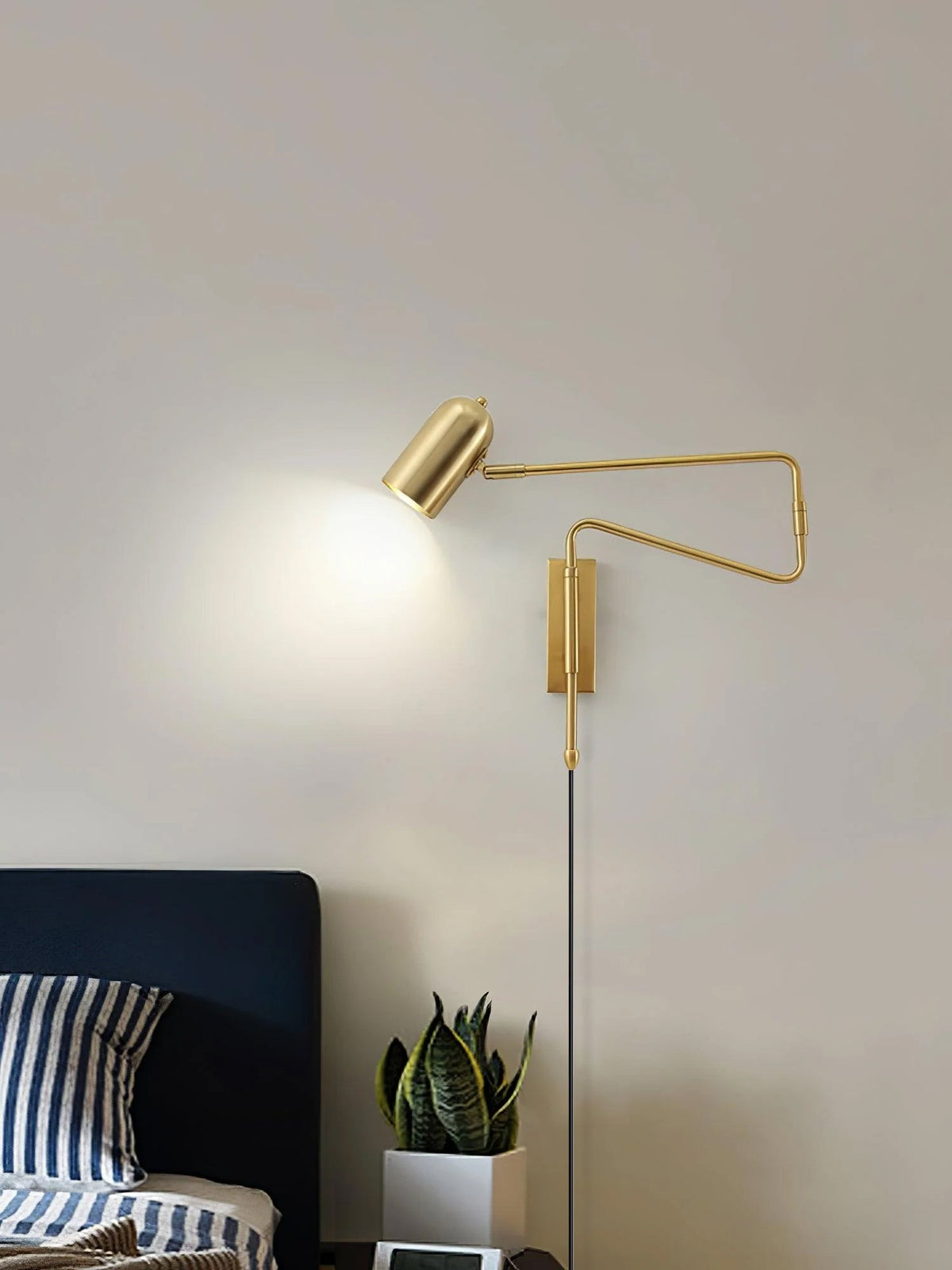Swing-Arm Reading Sconce with Rotating Shade Metal Plug-In Fixture Black & Gold Finish for Bedroom Living Room Study Nook Task Lighting