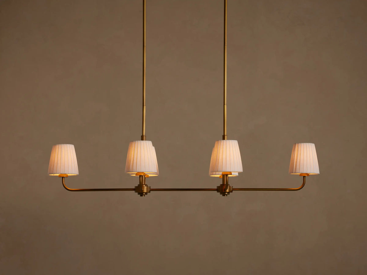 6-Light Rectangular Chandelier with Fabric Shades – Brass Finish – 54×20 in Dining Room Ceiling Fixture for Modern Traditional Homes