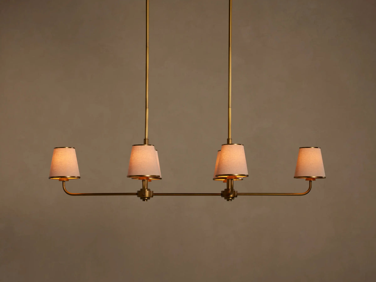 6-Light Rectangular Chandelier with Fabric Shades – Brass Finish – 54×20 in Dining Room Ceiling Fixture for Modern Traditional Homes