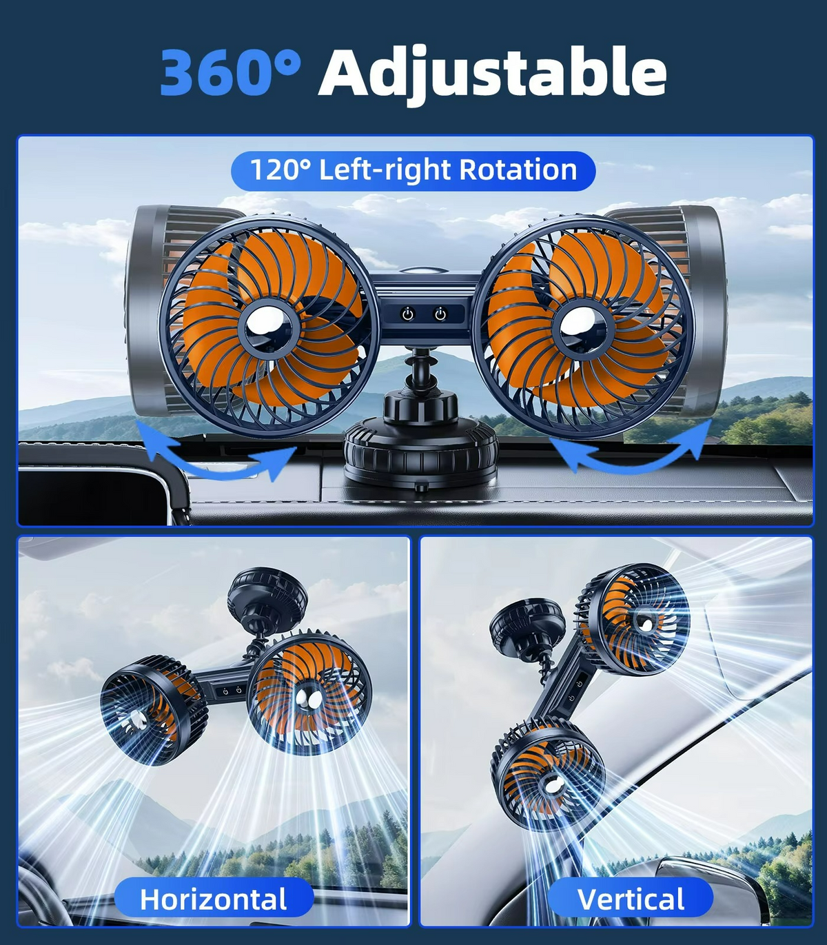 Car Cooling Fan with Suction Cup, Rechargeable Portable Car Fan for Vans and SUVs