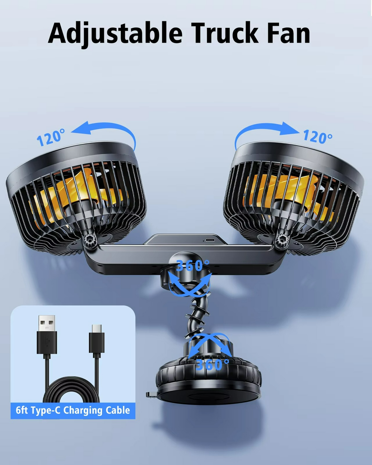 Car Cooling Fan with Suction Cup, Rechargeable Portable Car Fan for Vans and SUVs