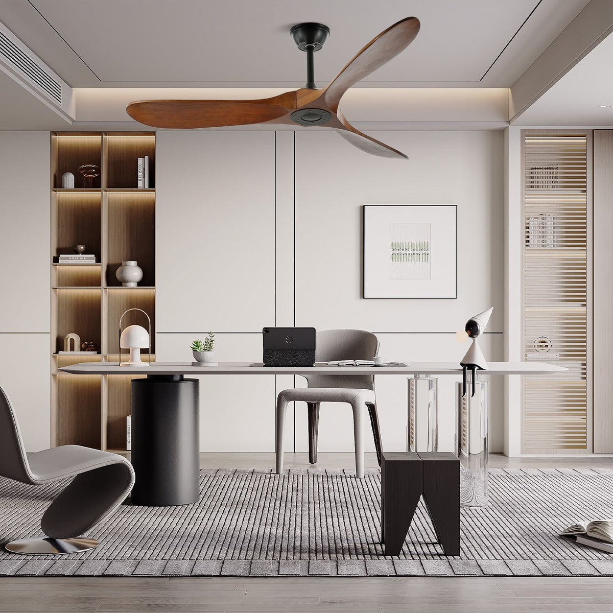 Wooden Blade Ceiling Fan with Remote Control 6 Speed Whisper-Quiet Motor Walnut Finish Adjustable Suspension for Living Room Bedroom Home Of